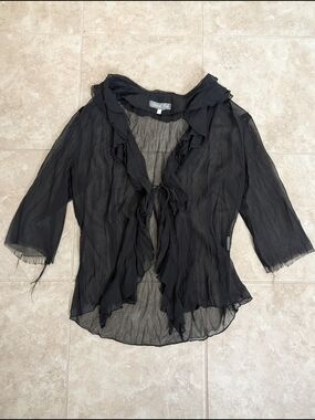 Black Sheer Lace Top Tied Front Women's Size Medium Whimsigoth Fairy Romantic